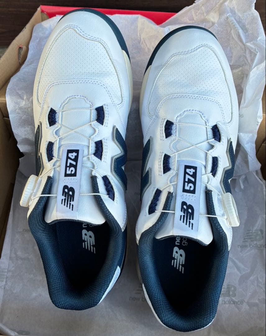 美品 New Balance 574 ホワイト/ネイビー シューズ ゴルフ