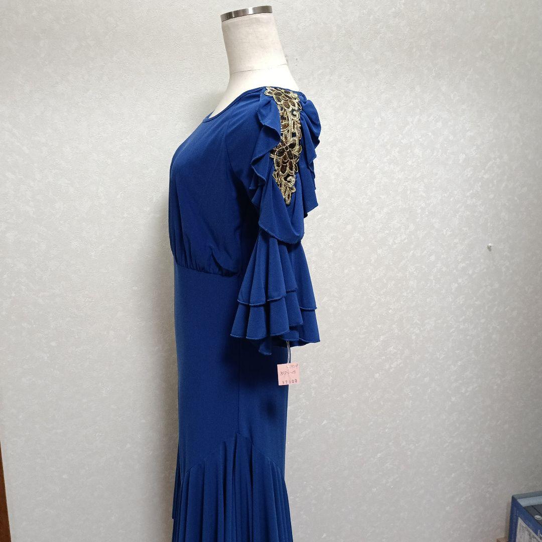 フリル袖 青 フィット＆フレアドレスラテンワンピース