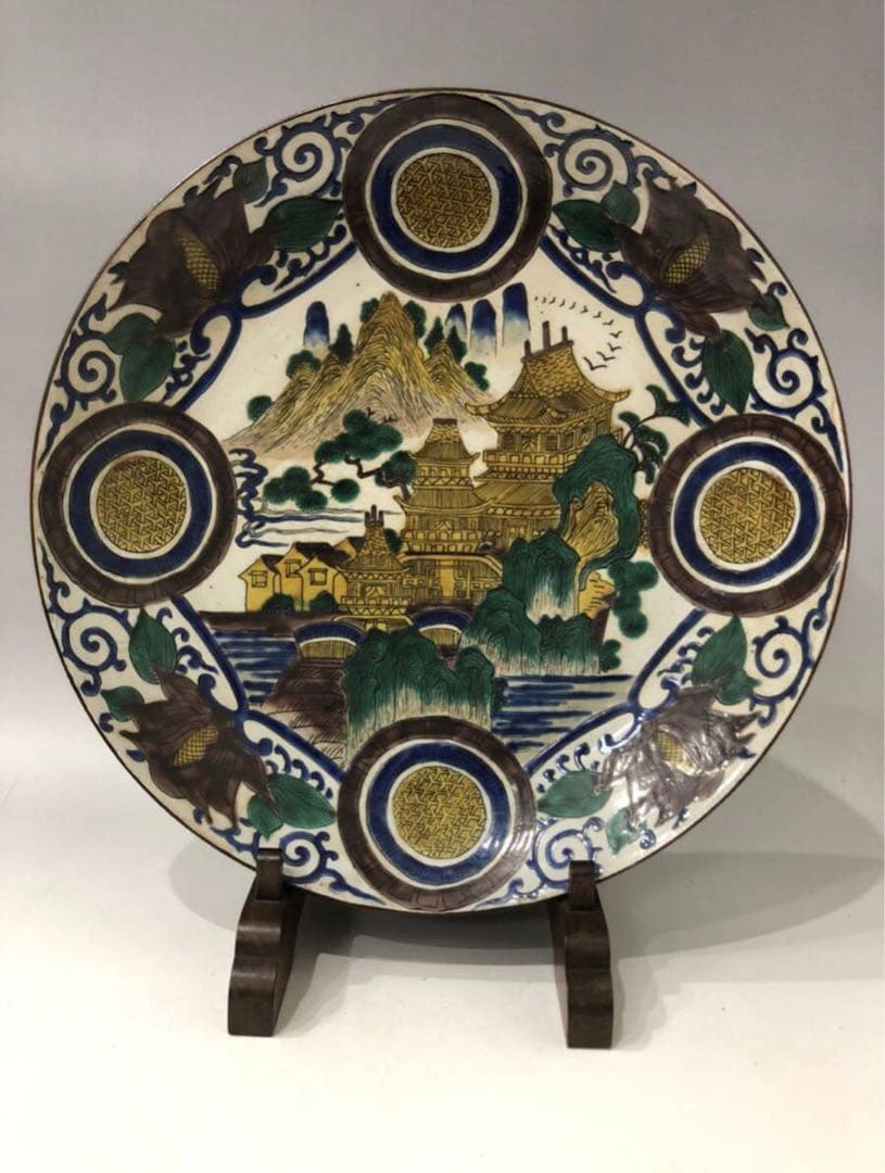 古九谷 再興九谷 色絵 山水楼閣図 幾何学文様 松山窯 吉田屋 骨董 古美術