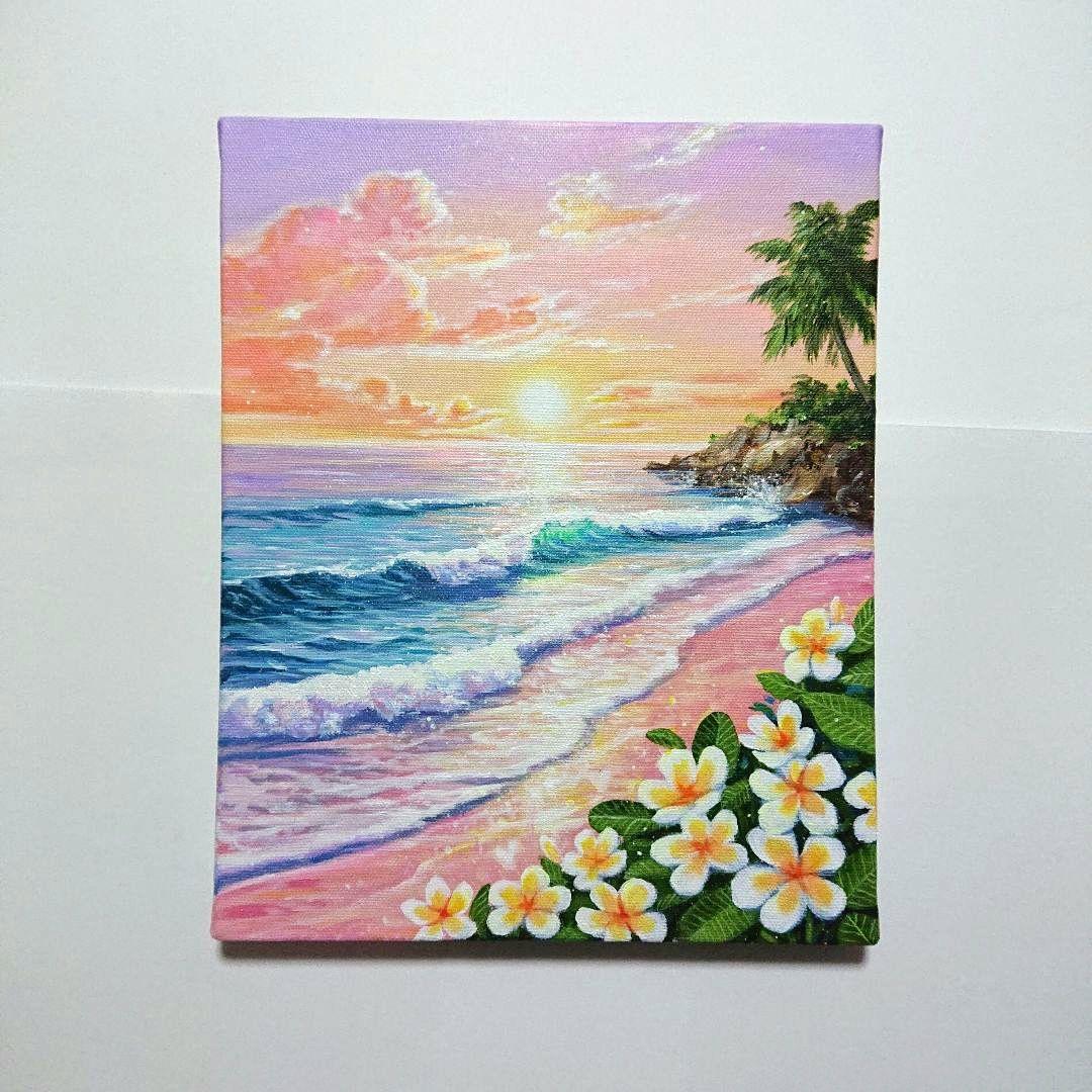【夏の夕日】アクリル画 F3 風景画 絵画
