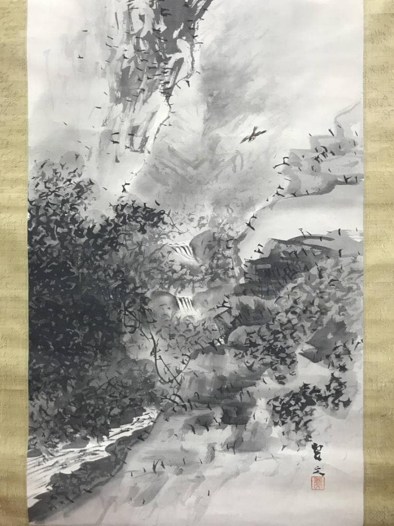 【真作】光文/滝に小禽図/山水図/小鳥図/掛軸/名家伝来/AC-673
