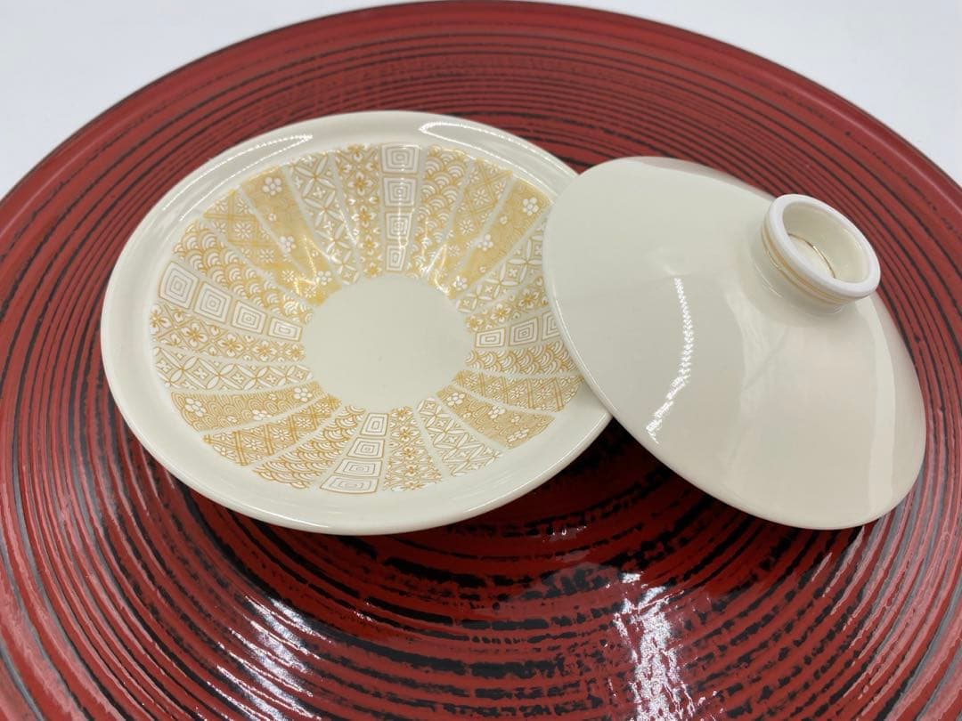 【☆希少なお品☆】【新品】有田焼徳幸窯　錦クリーム釉地紋尽くし浅蓋物