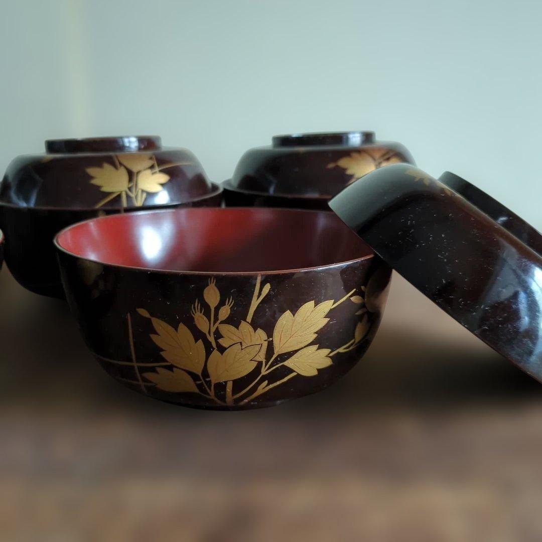 骨董　お椀　蓋付き　木製　漆器　蒔絵　煮物　雑煮　椀　5つ〜