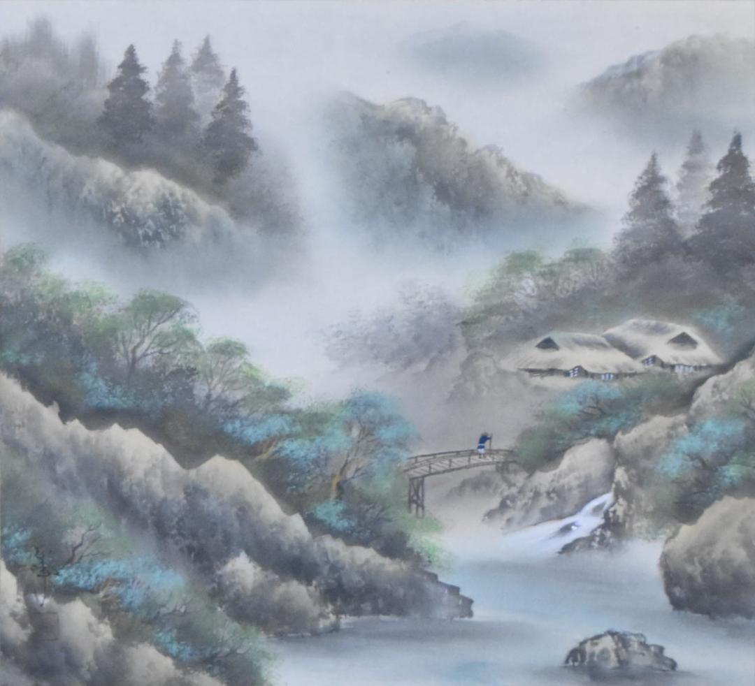 西脇繁華 紫光 山水 水墨絵 手巻き画絵巻 日本画軸絹本 立軸 WWKK006