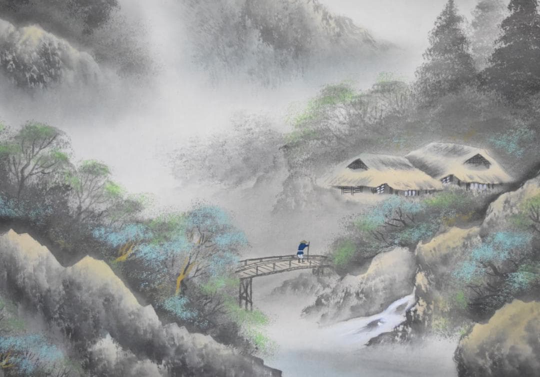 西脇繁華 紫光 山水 水墨絵 手巻き画絵巻 日本画軸絹本 立軸 WWKK006