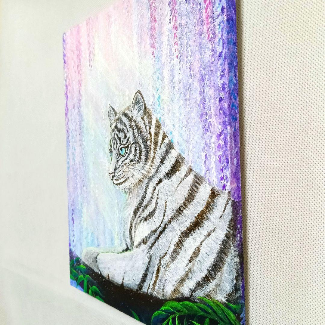 No.581 白虎　ホワイトタイガー　虎　藤の花　アクリル画　F3　絵画