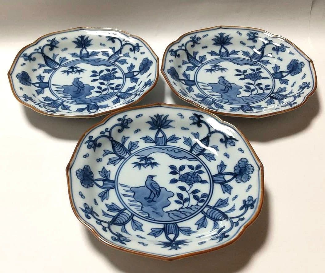 【未使用品】 源右衛門窯 染付 花鳥見込 銘々皿 3枚組【バラ売り可】