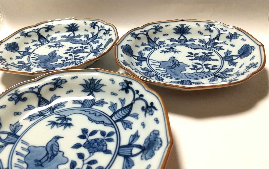 【未使用品】 源右衛門窯 染付 花鳥見込 銘々皿 3枚組【バラ売り可】