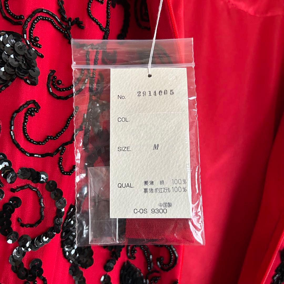 【新品】シルク100% 赤×黒 ビーズスパンコール装飾 マキシ丈ドレス ダンス