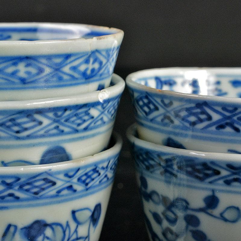 煎茶道具　康煕年製款　青花蓮花文　透蛍手煎茶碗　六客　H　R7457