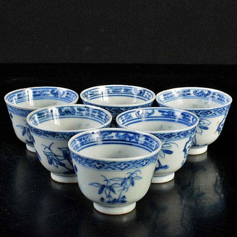 煎茶道具　康煕年製款　青花蓮花文　透蛍手煎茶碗　六客　H　R7457