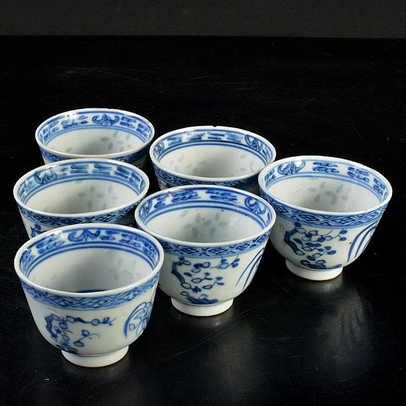 煎茶道具　康煕年製款　青花蓮花文　透蛍手煎茶碗　六客　H　R7457