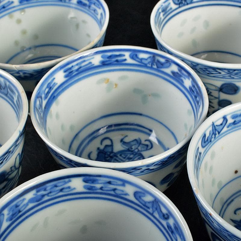 煎茶道具　康煕年製款　青花蓮花文　透蛍手煎茶碗　六客　H　R7457