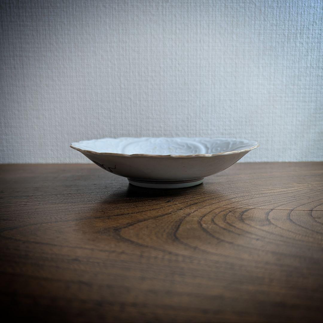 明治　九谷　陽刻金彩　輪花皿 寿老人　唐子図　鳳凰龍雲　稀少景色