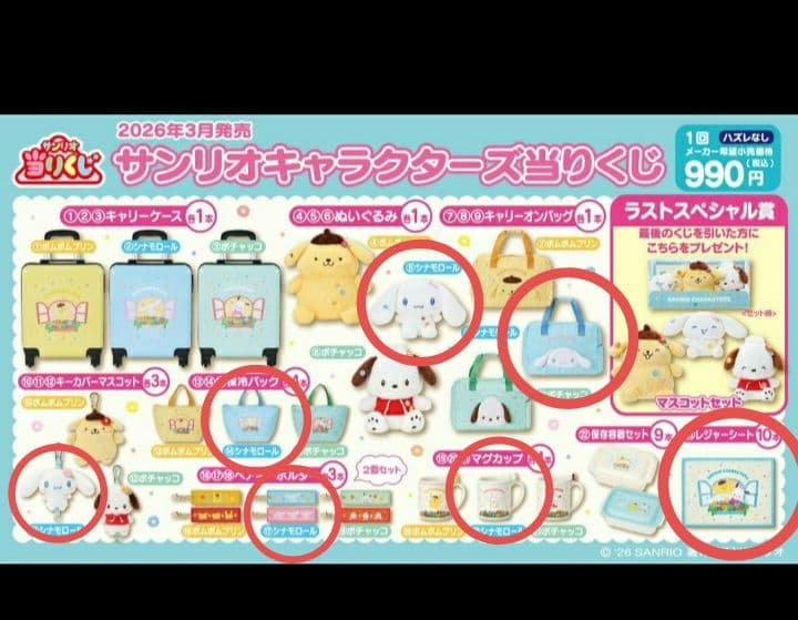 サンリオ当りくじ　シナモロール　キャリーオンバッグ　ぬいぐるみ他　7点セット