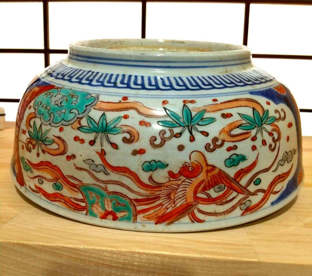 値下げ❕古伊万里　染錦　見込みに笹　区割 鳳凰　大鉢