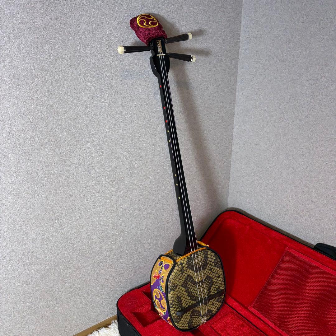 【極美品】沖縄三線　真壁型 合皮 人工皮 セミハードケース付 付属品多数