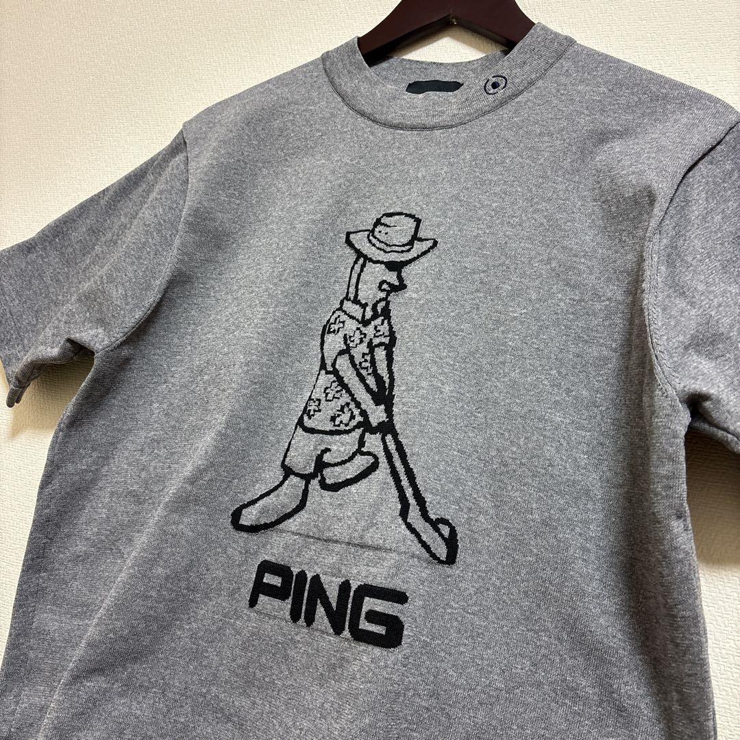 【美品】PING ゴルフ 半袖ニットシャツ Mr.PING柄 メンズ