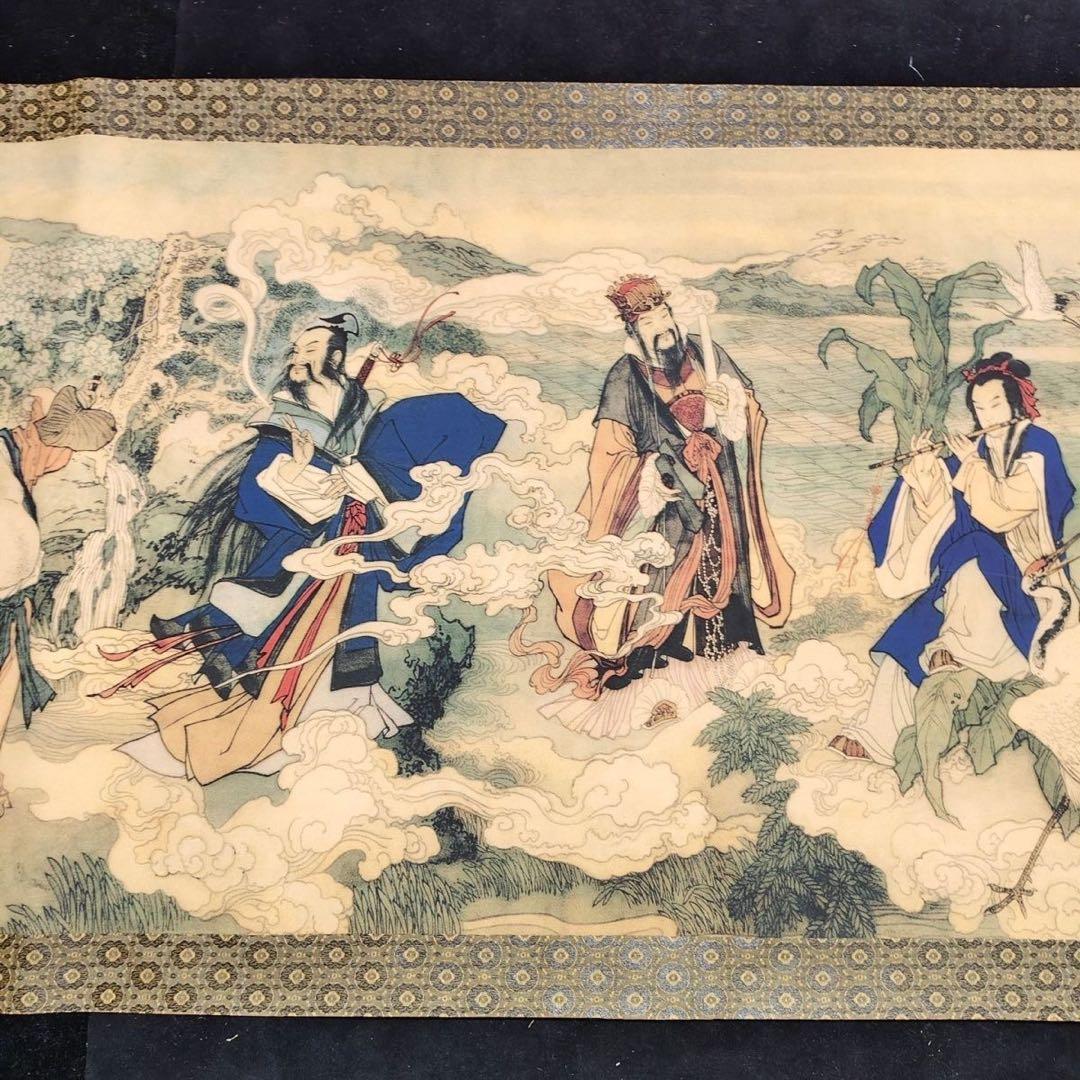 中国古画 丁云鹏《八仙神通図》 中巻 絹本 掛け軸 約392×71cm