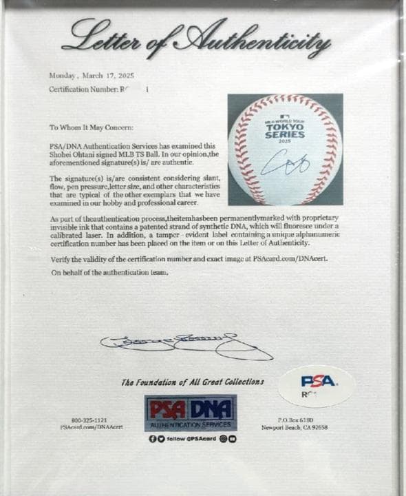 大谷翔平 直筆サインボール PSA/DNA社認証 2025年 MLB東京シリーズ