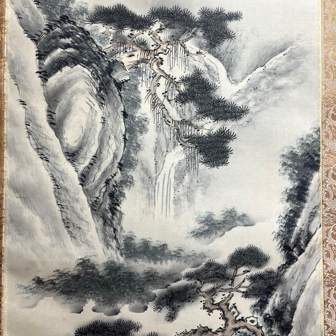 大判！[光則・絹本・山水図・観瀑図]／山崎光則　美術品　水墨画