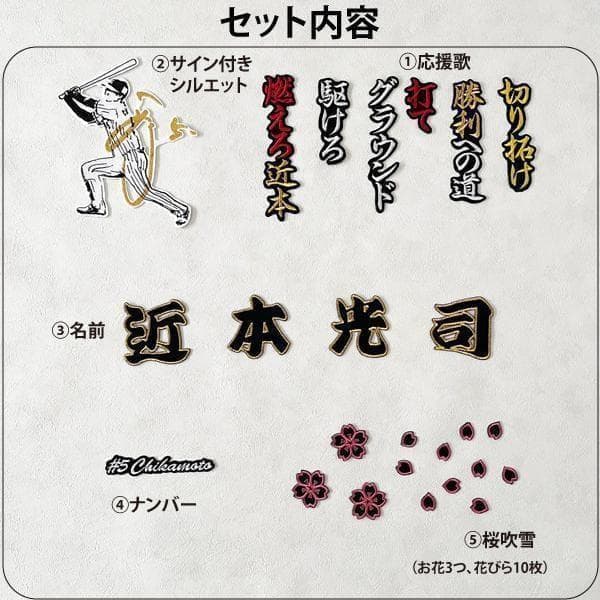 阪神タイガース 近本光司 刺繍ワッペン 5点セット【黒】桜ふちピンク　応援歌