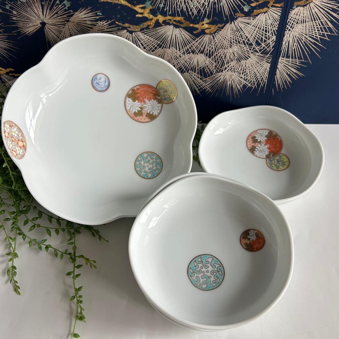 有田焼　深川製磁　和風模様　寿赤絵 波型皿　大小6枚セット