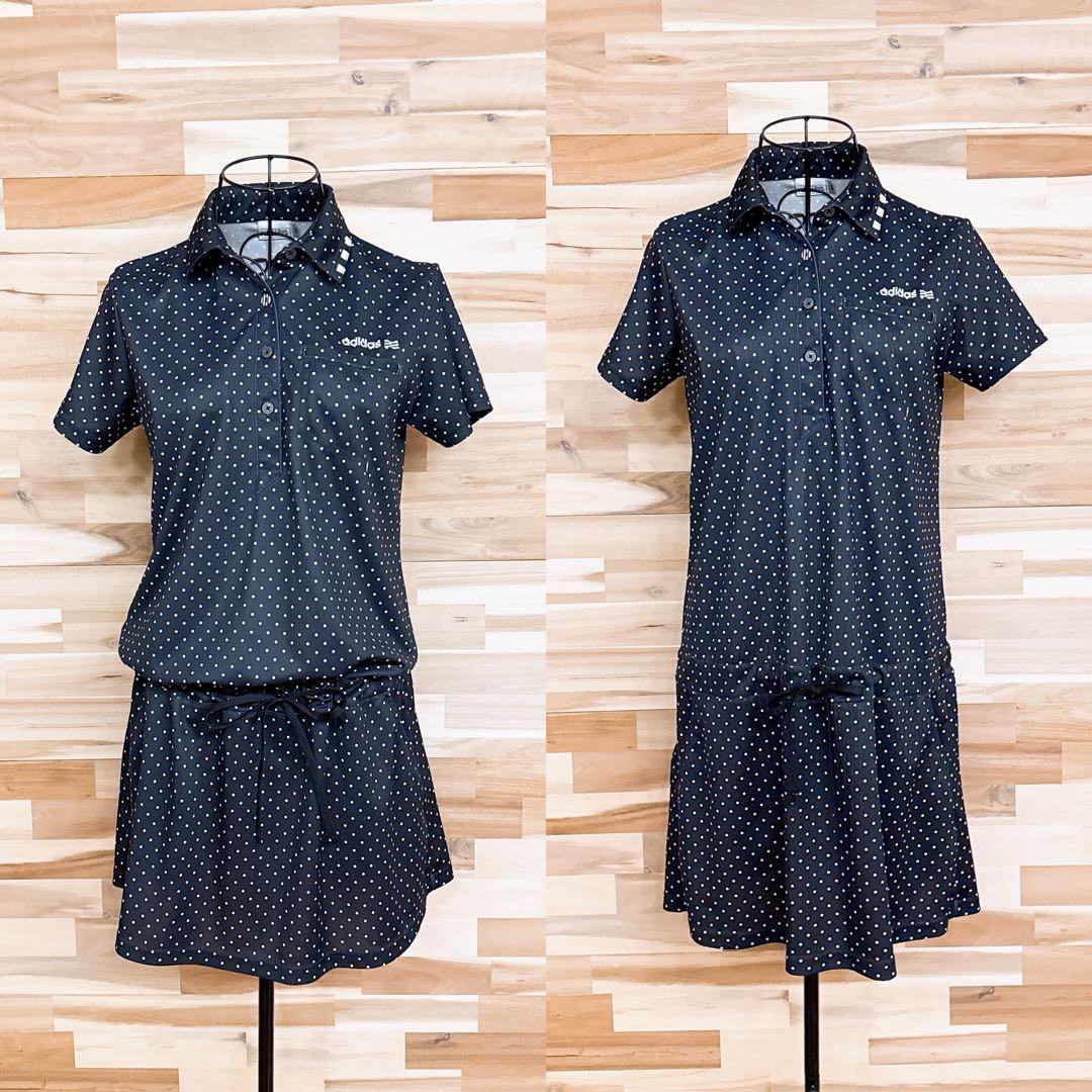 美品【アディダス】ゴルフ ドット ポロシャツ ワンピース モノトーン M 黒×白