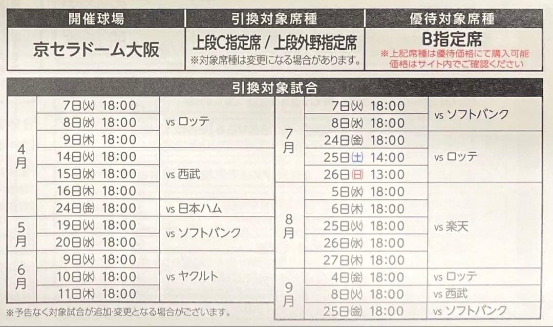 オリックス・バファローズ 観戦 チケット 10枚