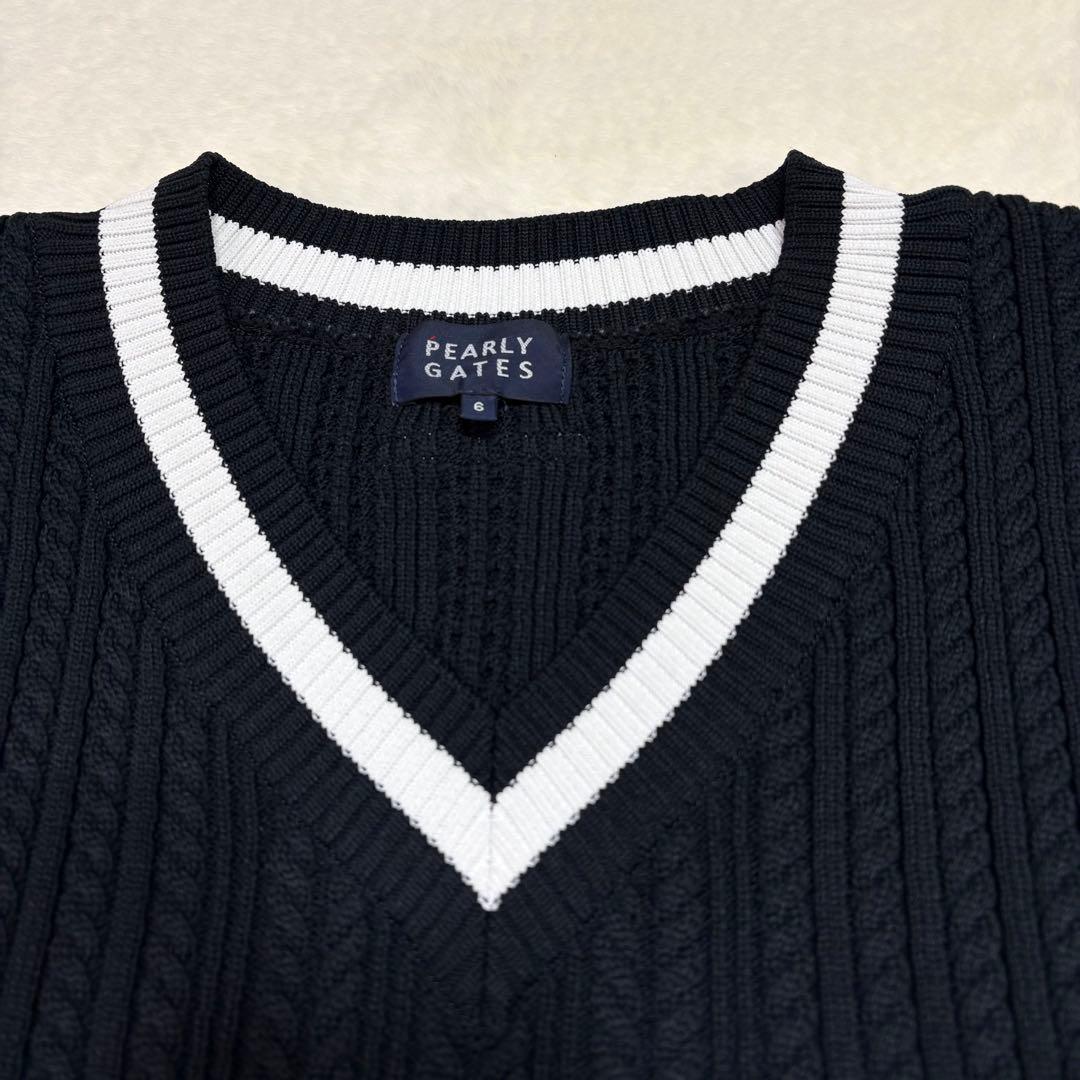 PEARLY GATES ケーブルニット ベスト ジレ ロゴ刺繍 黒 大きい6