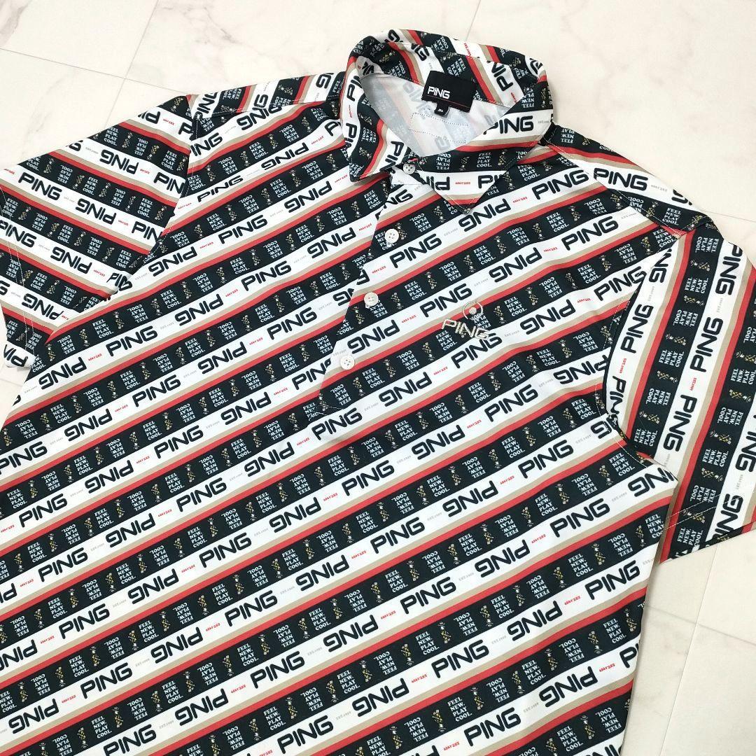 【極美品】PING　ゴルフ　半袖シャツ　ロゴ総柄　ストライプ　ストレッチ　3L