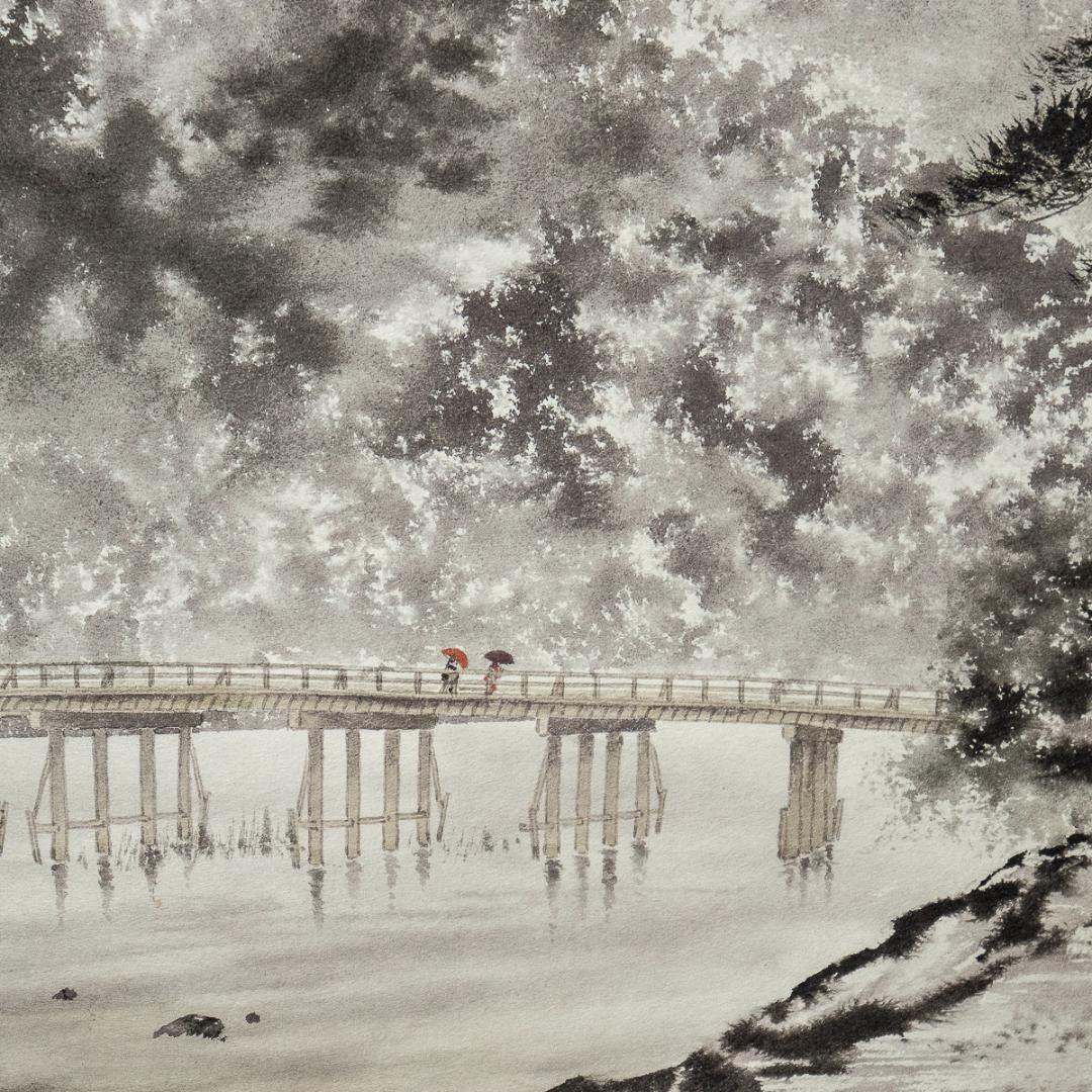 掛軸-1175　鈴木三朝　嵐山渡月橋　共箱　太巻　二重箱