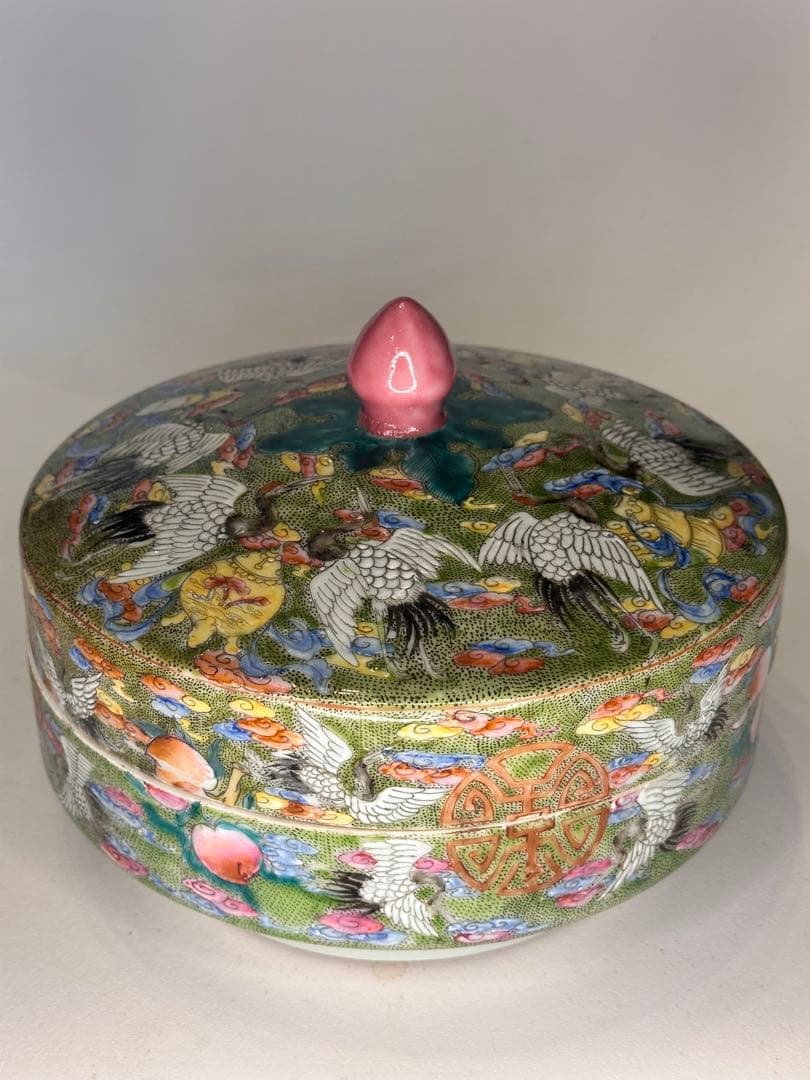 大清雍正年製 款 色絵 蓋物 果子器 菓子器 中国古美術 清代 蓋盒 鶴と花