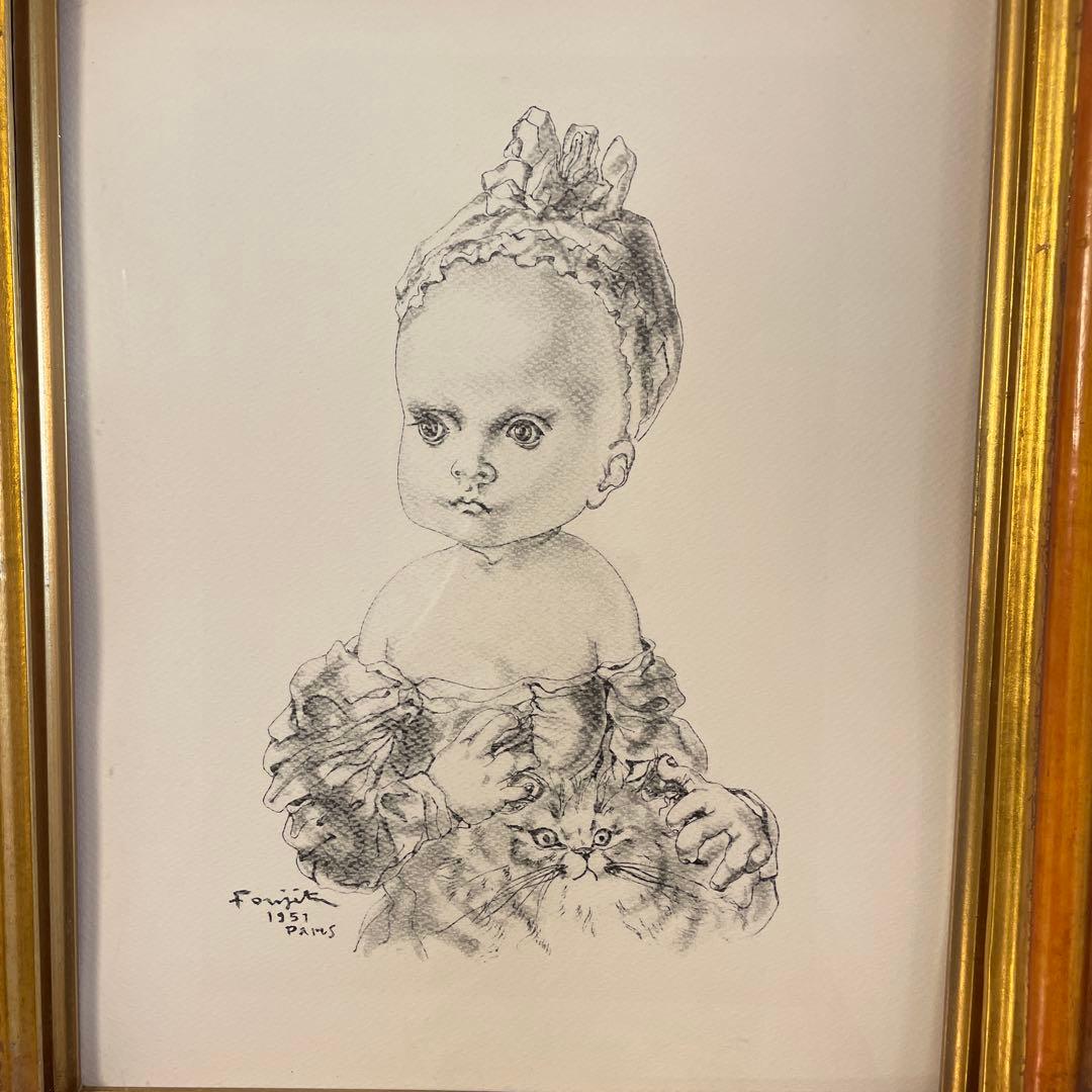 藤田嗣治 猫と少女 1951 リトグラフ 石版画　アンティーク　額装　フランス
