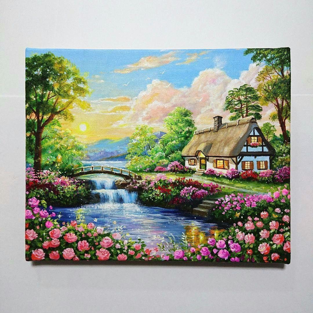 【薔薇が咲く頃】アクリル画 F3 風景画 絵画