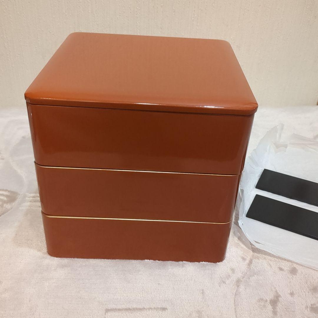 会津漆器　三段重箱 6.5寸　天然木　金渕付