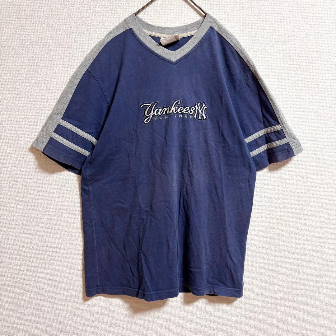 c580 NYヤンキース 刺繍ロゴ 切替デザイン Tシャツ XL ストリート野球