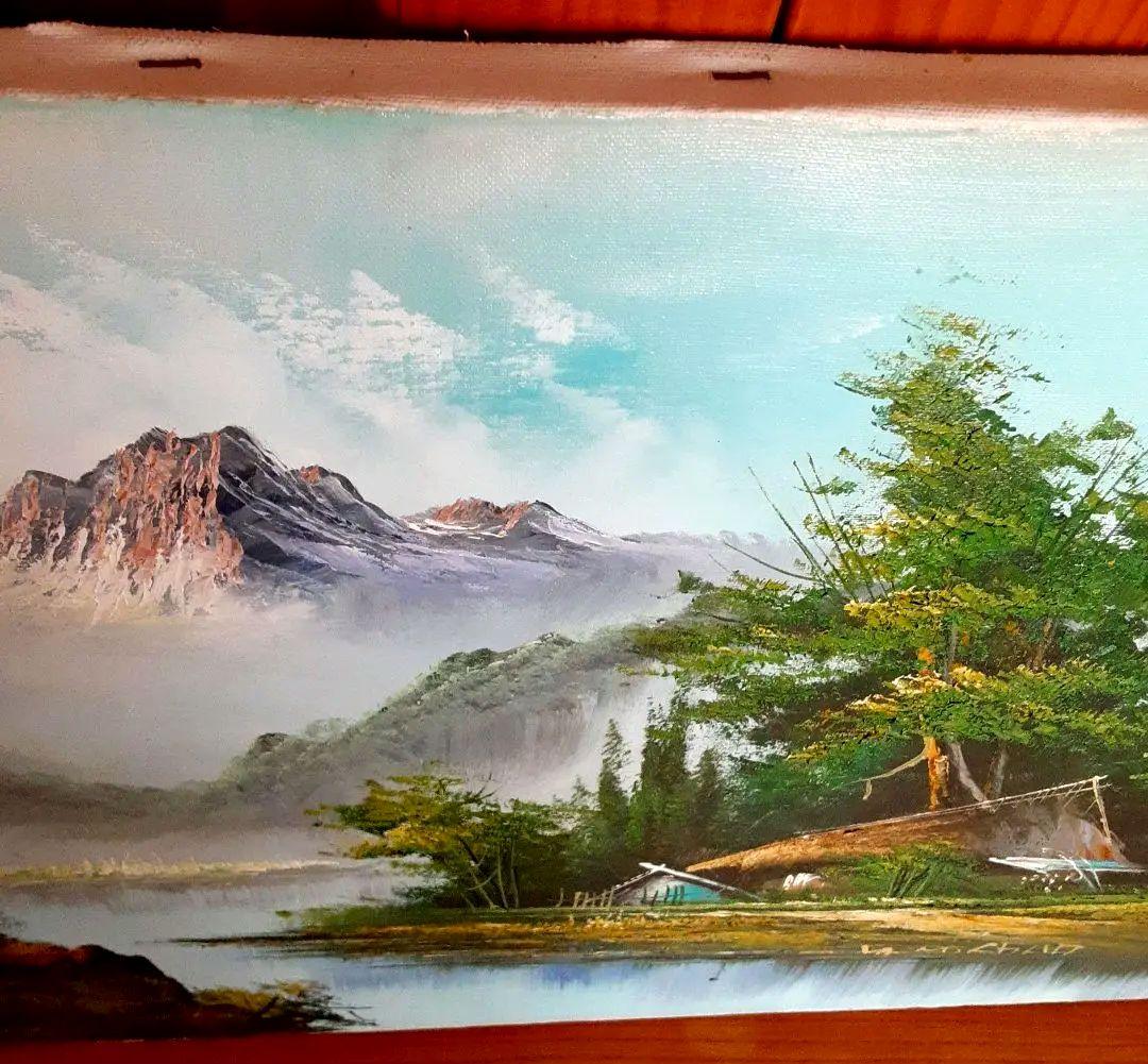 絵画　油彩　木枠付キャンバス　大　風景画　山　湖水