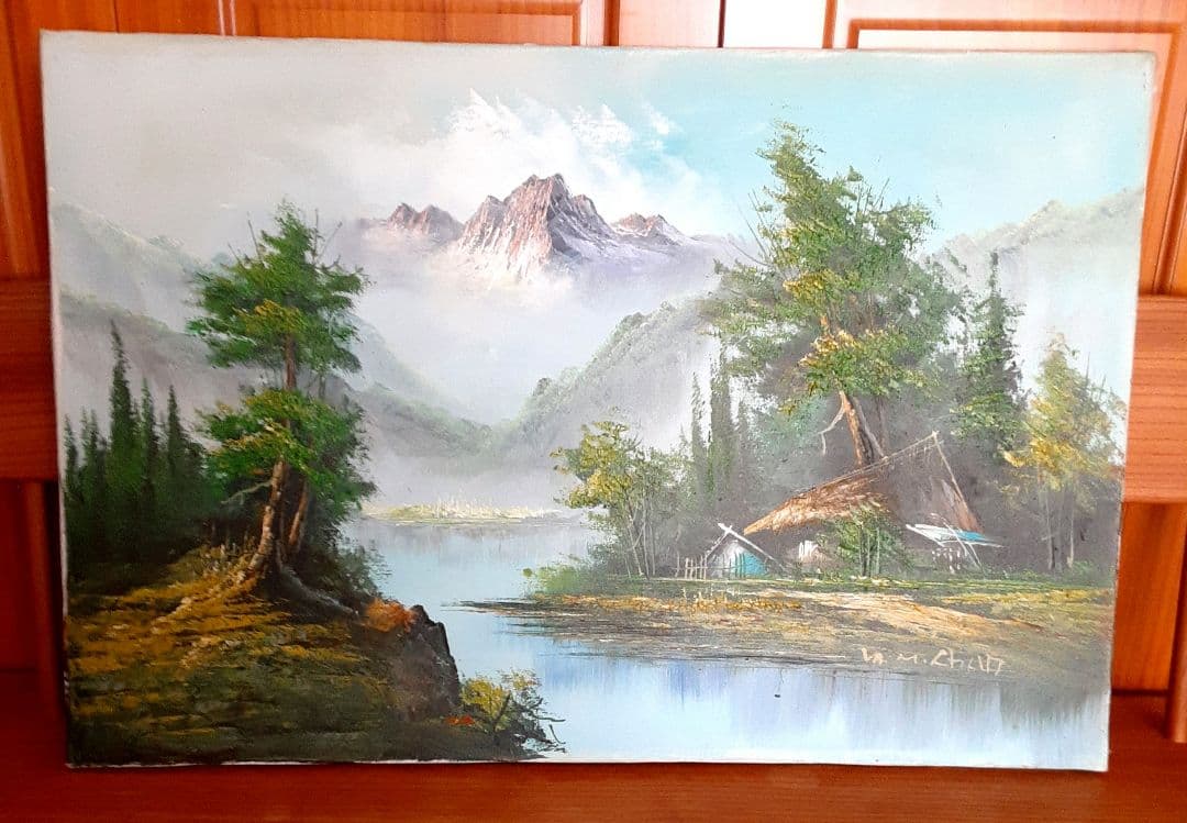 絵画　油彩　木枠付キャンバス　大　風景画　山　湖水