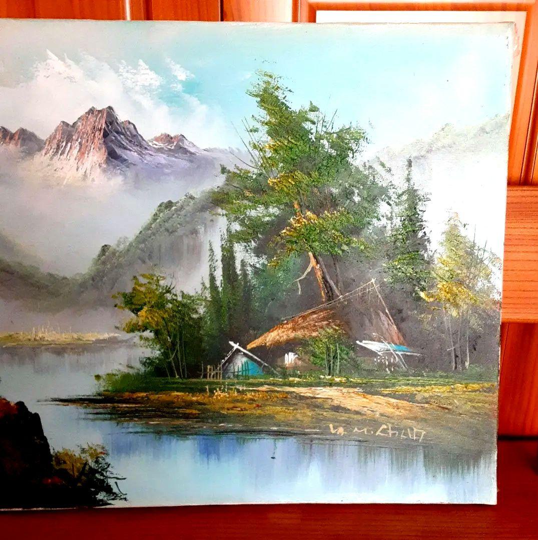 絵画　油彩　木枠付キャンバス　大　風景画　山　湖水
