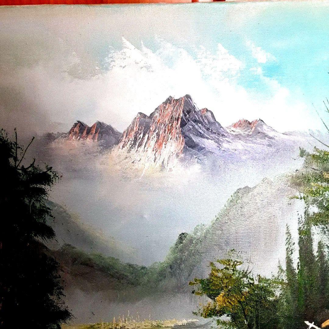 絵画　油彩　木枠付キャンバス　大　風景画　山　湖水