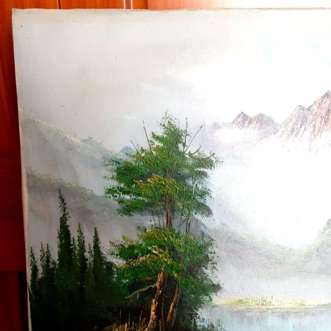 絵画　油彩　木枠付キャンバス　大　風景画　山　湖水