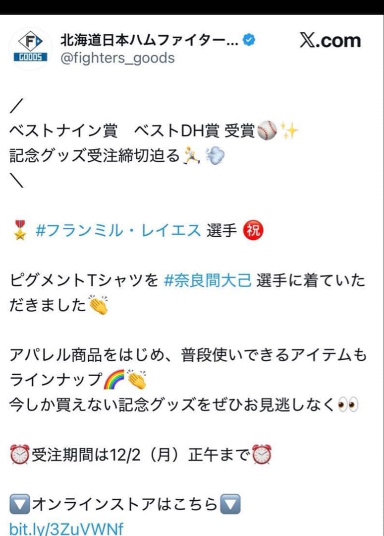 北海道日本ハムファイターズ フランミル・レイエス 2024ベストナインTシャツ