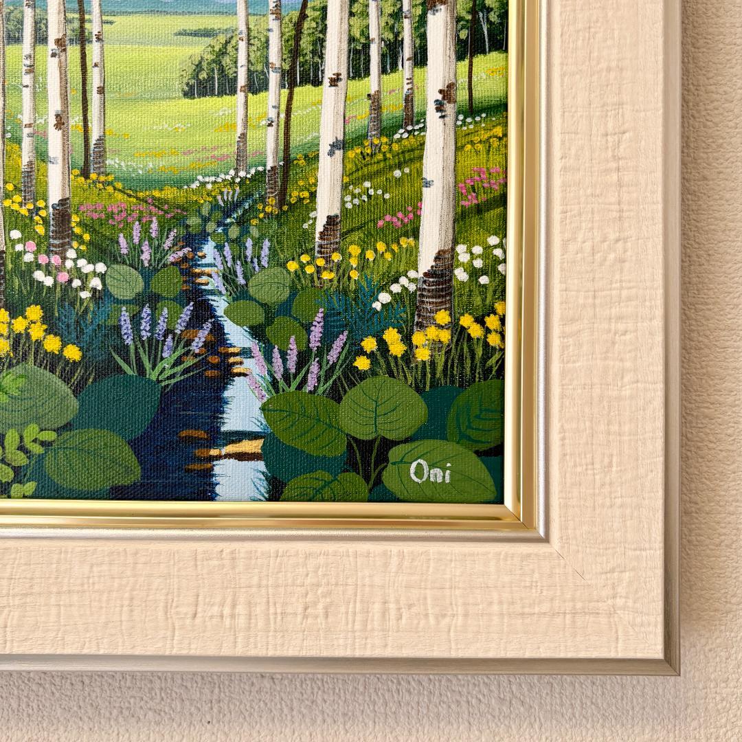 アクリル画　原画　「野花の咲くフィールド05」額縁付き　F4サイズ　風景画