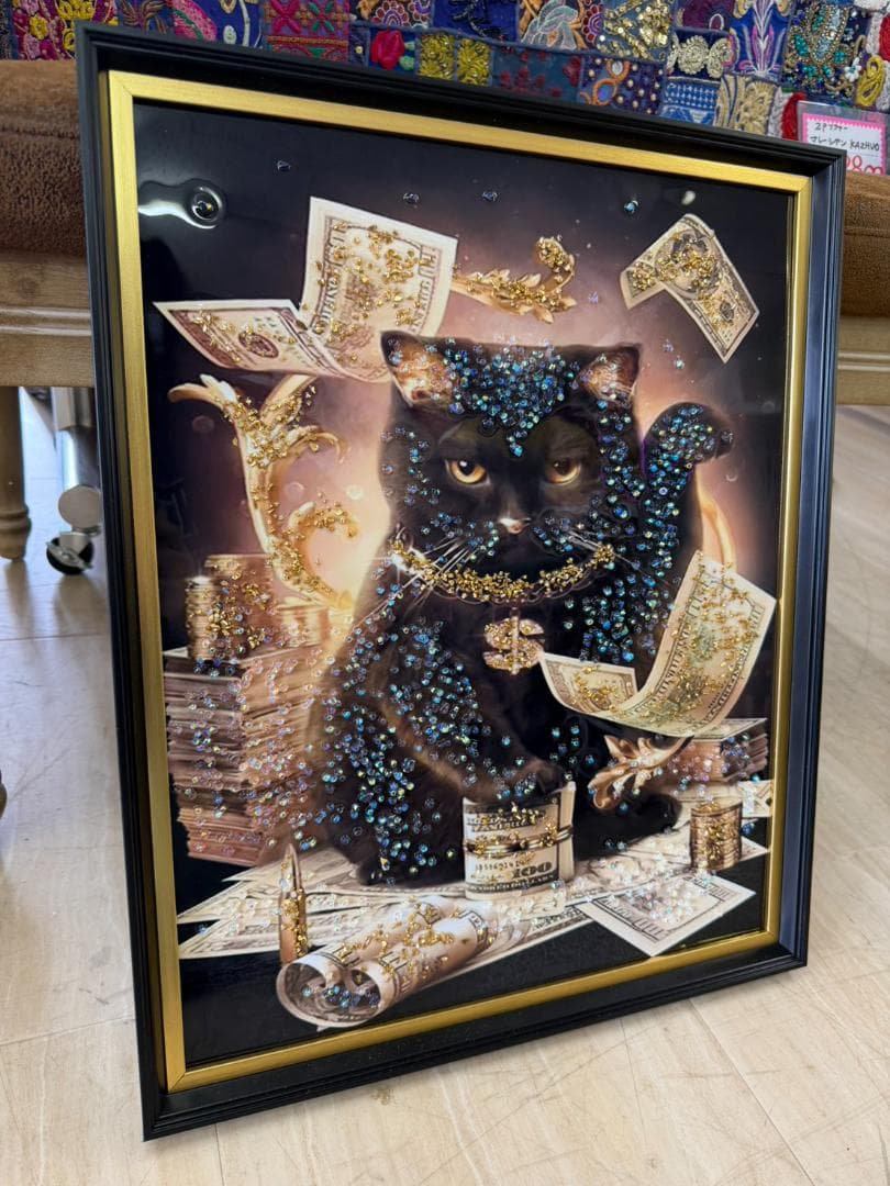 水晶絵　猫　ネコ　キャット　招き猫　金運　アニマル　アートパネル　絵画　商売繫盛
