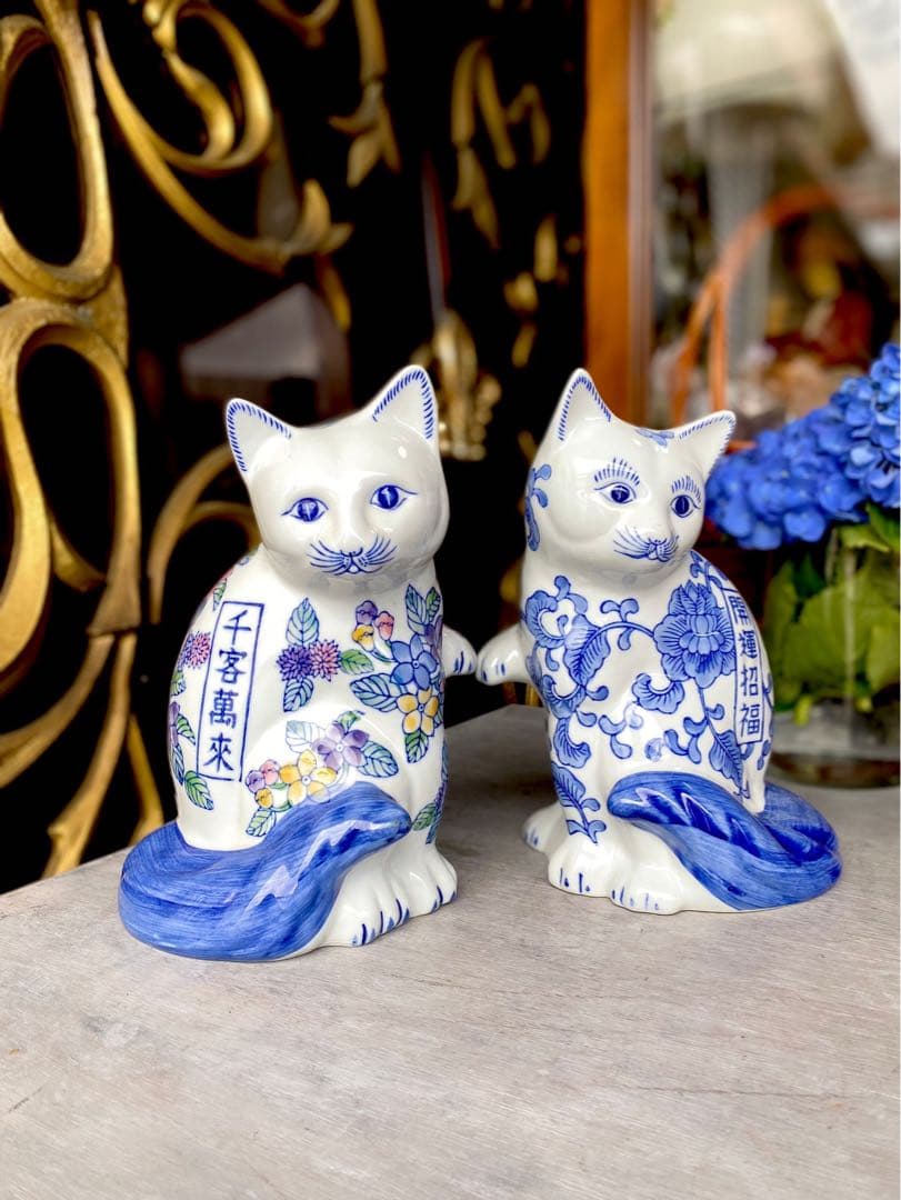 猫 セット ペア置物 開運招福 千客萬来 昭和レトロ 招き猫 縁起物 インテリア