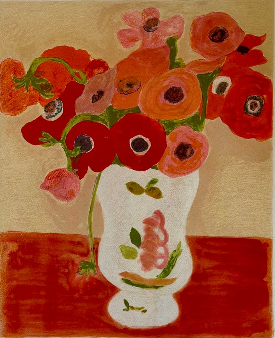 ボンコンパン「アネモネ」リトグラフ 額装 静物画 フランス作家 版画 #288