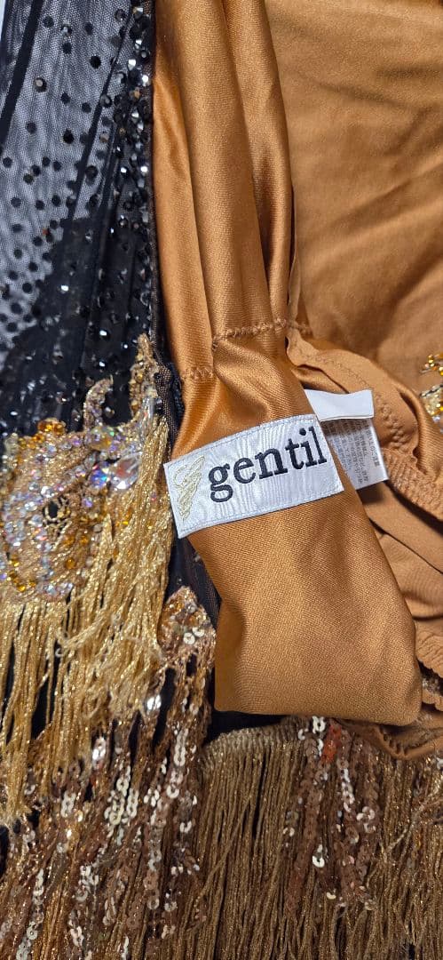 gentilジャンティ　社交ダンスラテンドレス 黒と金 フリンジ付き