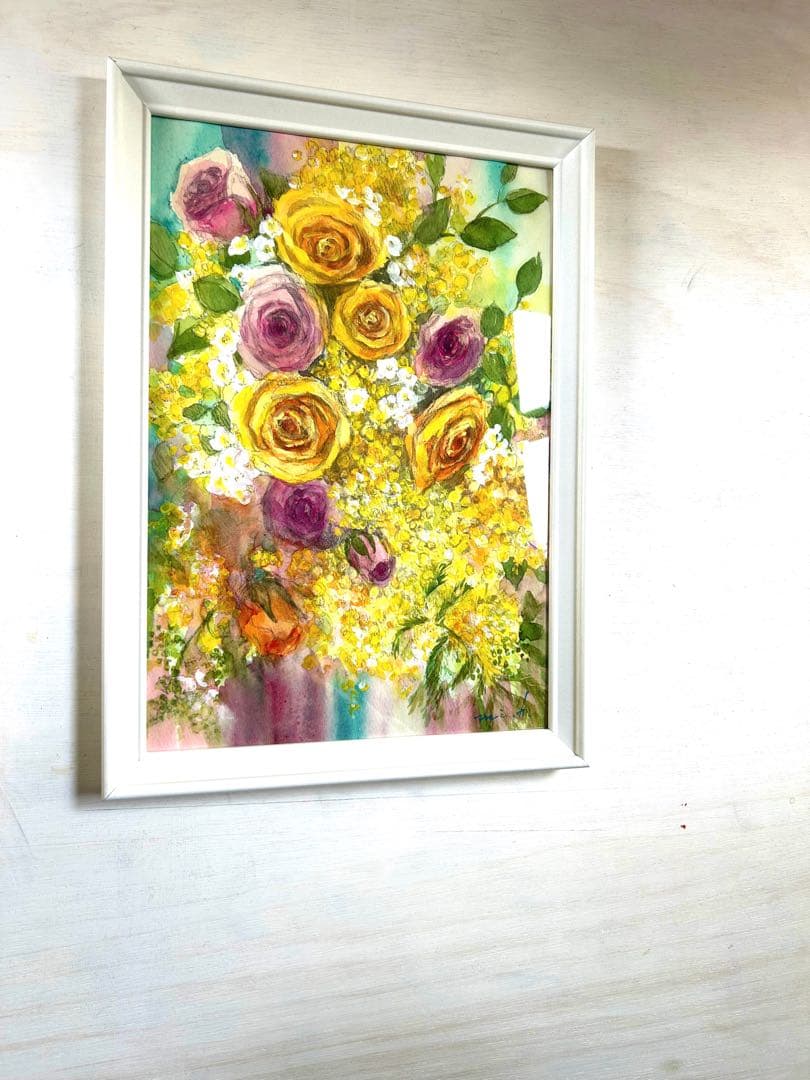 薔薇とミモザ　水彩画　A4サイズ ホワイト額入り