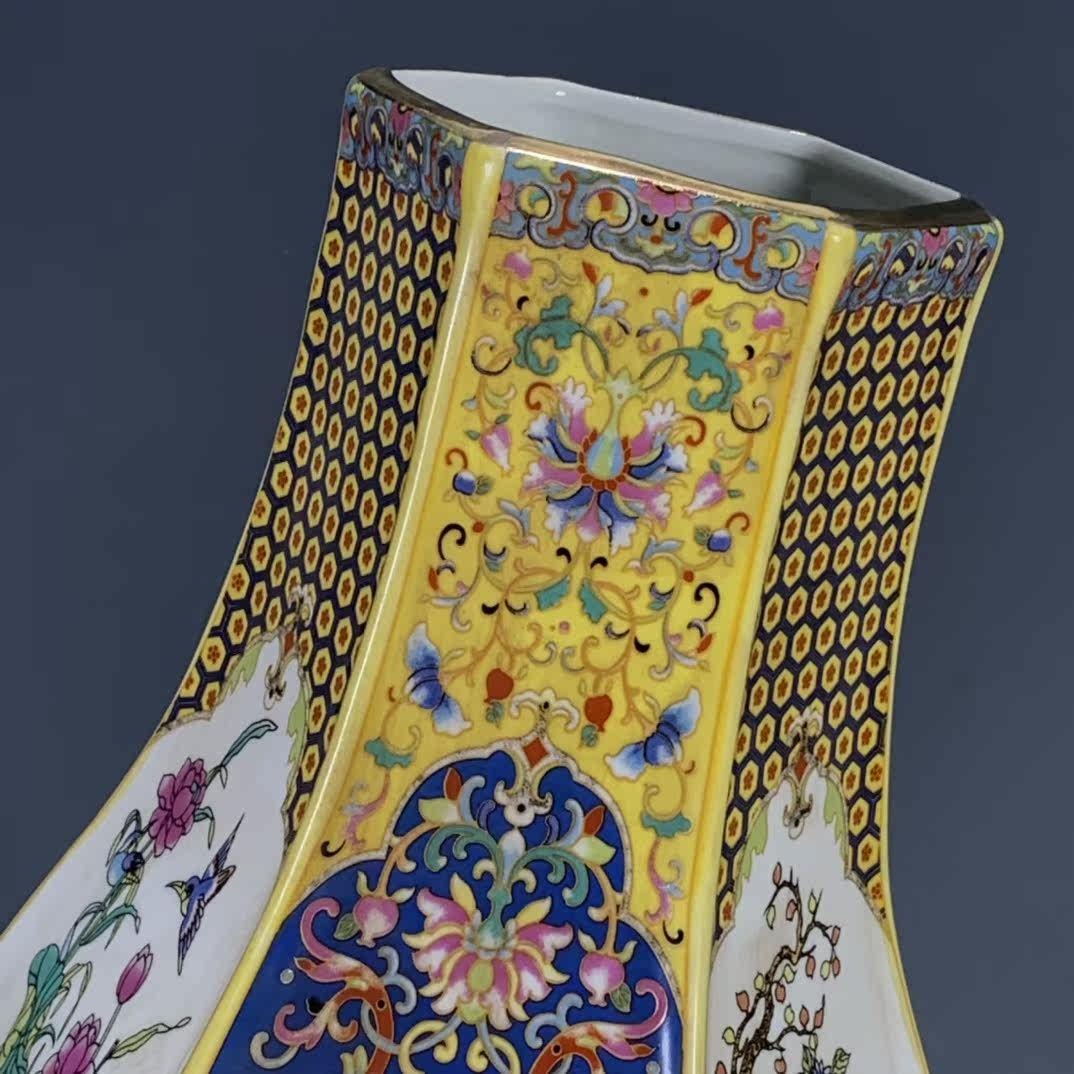 景徳鎮 彩蒔花花多稜花瓶 陶磁器 装飾品 現代工芸品 美術品 置物